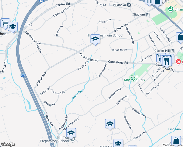 map of restaurants, bars, coffee shops, grocery stores, and more near 416 Boxwood Road in Bryn Mawr