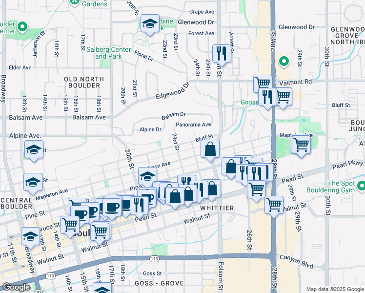 map of restaurants, bars, coffee shops, grocery stores, and more near 2312 Bluff Street in Boulder