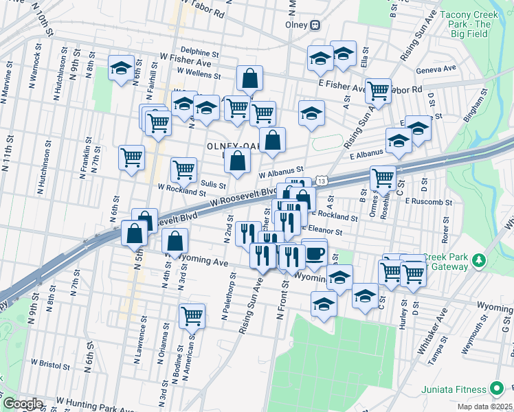 map of restaurants, bars, coffee shops, grocery stores, and more near 180 West Roosevelt Boulevard in Philadelphia