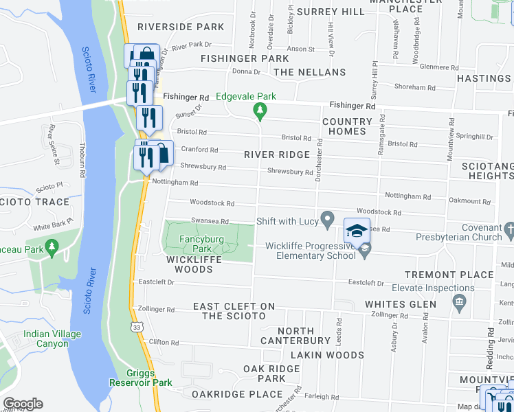 map of restaurants, bars, coffee shops, grocery stores, and more near Kioka Ave & Woodstock Rd in Upper Arlington
