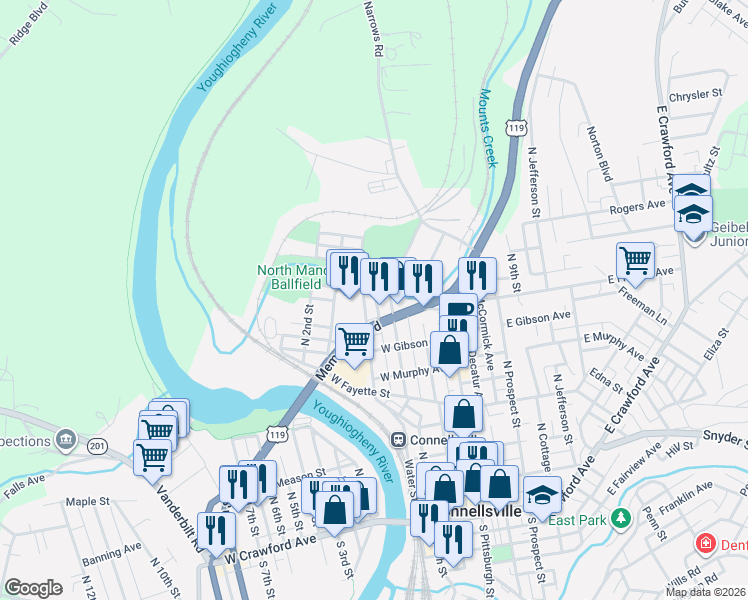 map of restaurants, bars, coffee shops, grocery stores, and more near 224 Memorial Boulevard in Connellsville