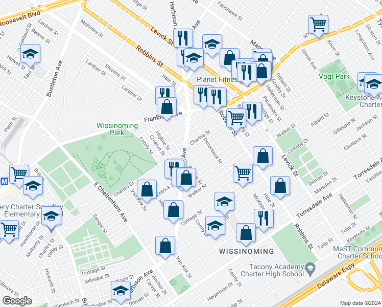 map of restaurants, bars, coffee shops, grocery stores, and more near 6120 Tackawanna Street in Philadelphia