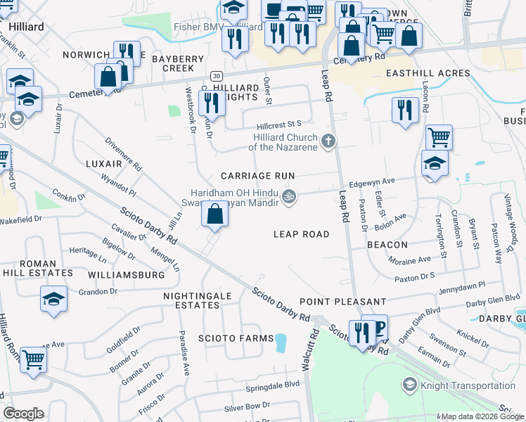 map of restaurants, bars, coffee shops, grocery stores, and more near 4811 Jeannette Road in Hilliard