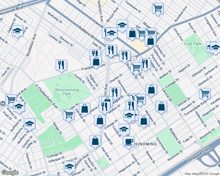 map of restaurants, bars, coffee shops, grocery stores, and more near 6120 Tackawanna Street in Philadelphia