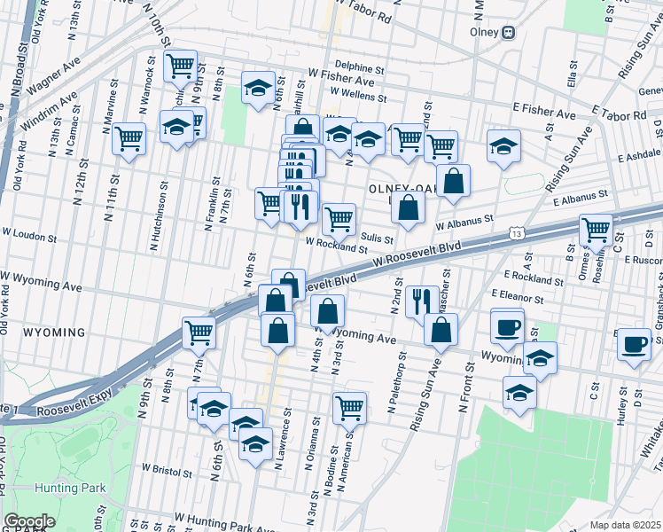map of restaurants, bars, coffee shops, grocery stores, and more near 415 West Roosevelt Boulevard in Philadelphia