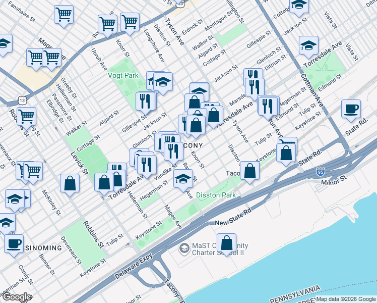 map of restaurants, bars, coffee shops, grocery stores, and more near 6744 Vandike Street in Philadelphia