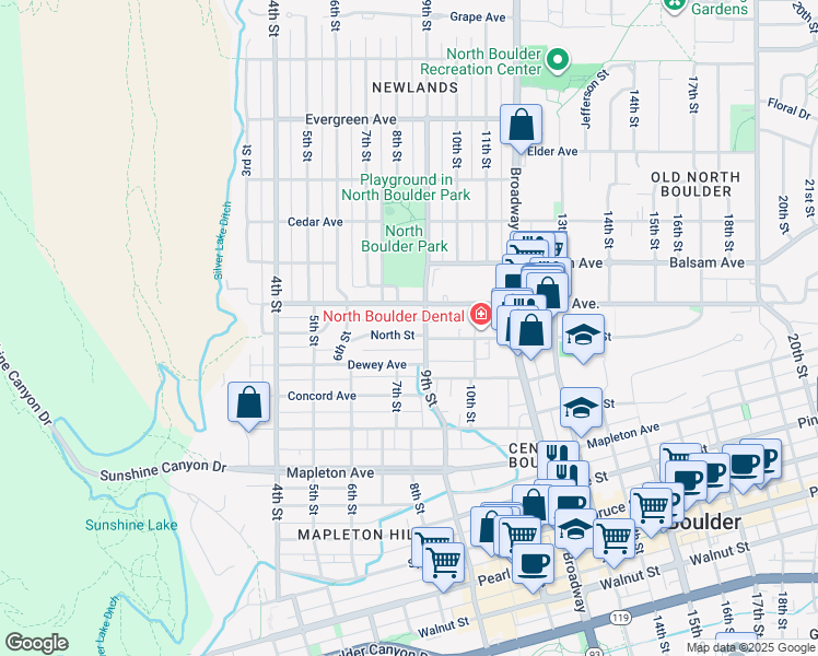 map of restaurants, bars, coffee shops, grocery stores, and more near 752 North Street in Boulder