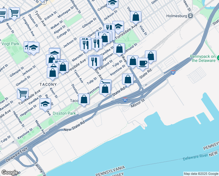 map of restaurants, bars, coffee shops, grocery stores, and more near 4957 Princeton Avenue in Philadelphia