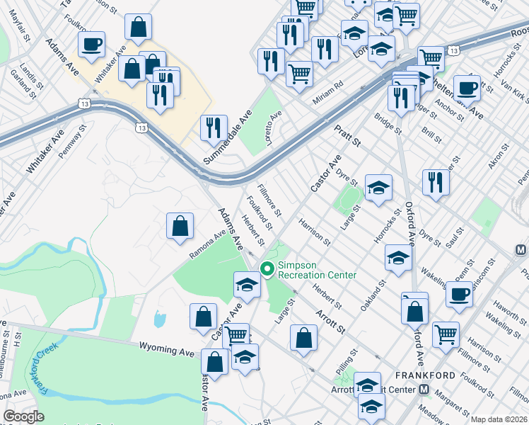 map of restaurants, bars, coffee shops, grocery stores, and more near 953 Foulkrod Street in Philadelphia