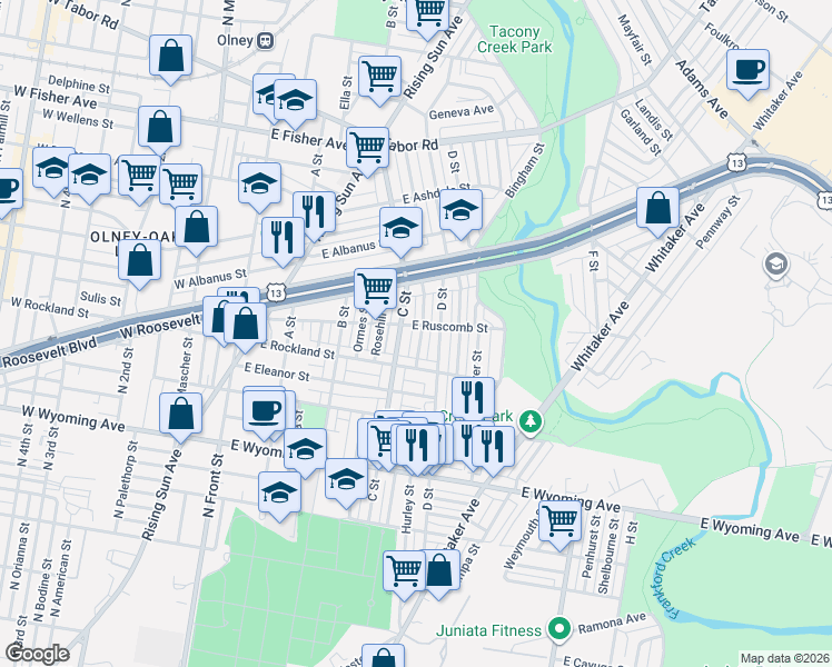map of restaurants, bars, coffee shops, grocery stores, and more near 4928 Boudinot Street in Philadelphia