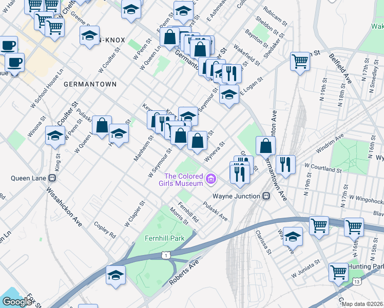 map of restaurants, bars, coffee shops, grocery stores, and more near 4906 Wayne Avenue in Philadelphia