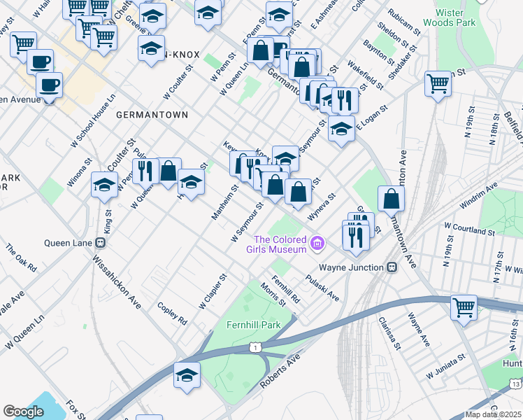 map of restaurants, bars, coffee shops, grocery stores, and more near 222 West Seymour Street in Philadelphia