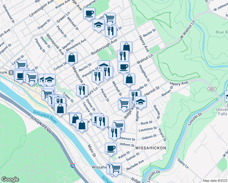 map of restaurants, bars, coffee shops, grocery stores, and more near 439 Naomi Street in Philadelphia