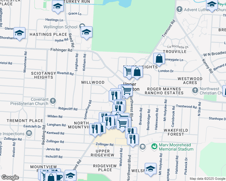 map of restaurants, bars, coffee shops, grocery stores, and more near 1735 Ardleigh Road in Upper Arlington