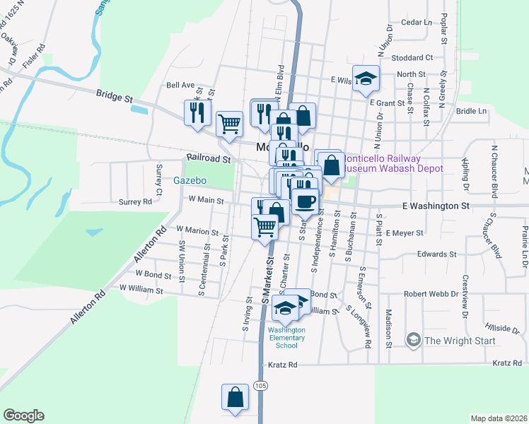 map of restaurants, bars, coffee shops, grocery stores, and more near 210 South Market Street in Monticello