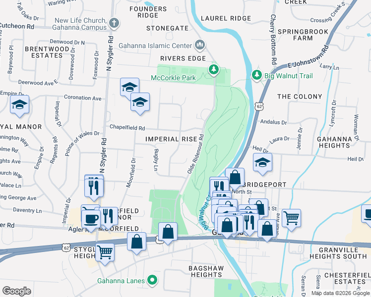 map of restaurants, bars, coffee shops, grocery stores, and more near 153 Gothic Court in Columbus