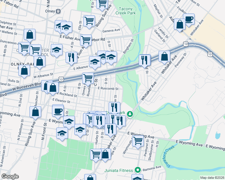 map of restaurants, bars, coffee shops, grocery stores, and more near 4939 D Street in Philadelphia