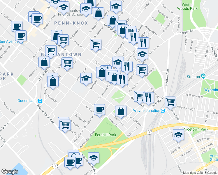 map of restaurants, bars, coffee shops, grocery stores, and more near 222 West Seymour Street in Philadelphia