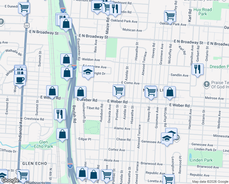 map of restaurants, bars, coffee shops, grocery stores, and more near 2921 Pontiac Street in Columbus