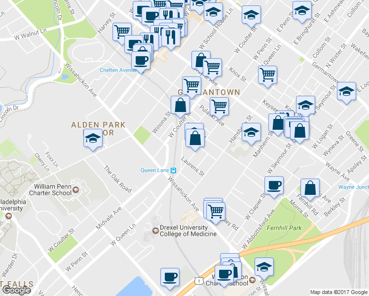 map of restaurants, bars, coffee shops, grocery stores, and more near 494 King Street in Philadelphia