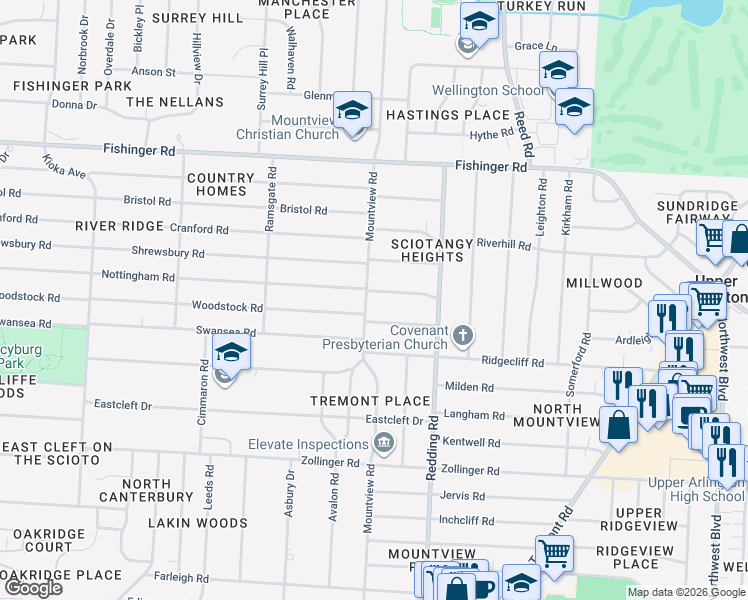 map of restaurants, bars, coffee shops, grocery stores, and more near 2154 Wesleyan Drive in Columbus