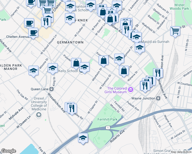 map of restaurants, bars, coffee shops, grocery stores, and more near 5045 Pulaski Avenue in Philadelphia