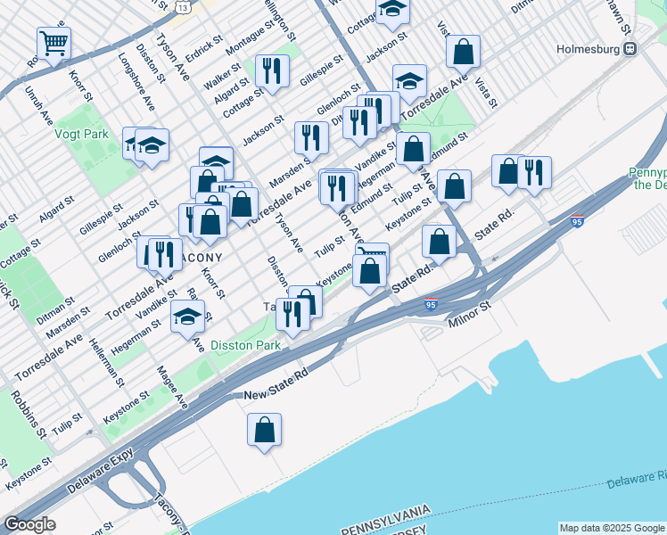 map of restaurants, bars, coffee shops, grocery stores, and more near 7003 Keystone Street in Philadelphia