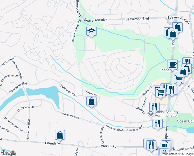 map of restaurants, bars, coffee shops, grocery stores, and more near 85 Meadowbrook Road in Brick Township