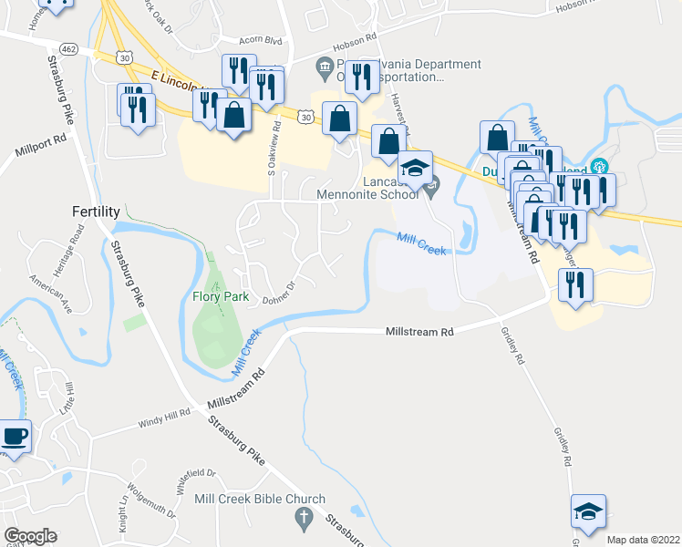 map of restaurants, bars, coffee shops, grocery stores, and more near 453 Coreopsis Drive in Lancaster