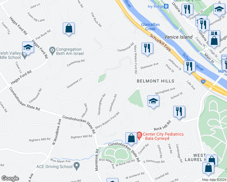 map of restaurants, bars, coffee shops, grocery stores, and more near 1210 Gainsboro Road in Bala Cynwyd