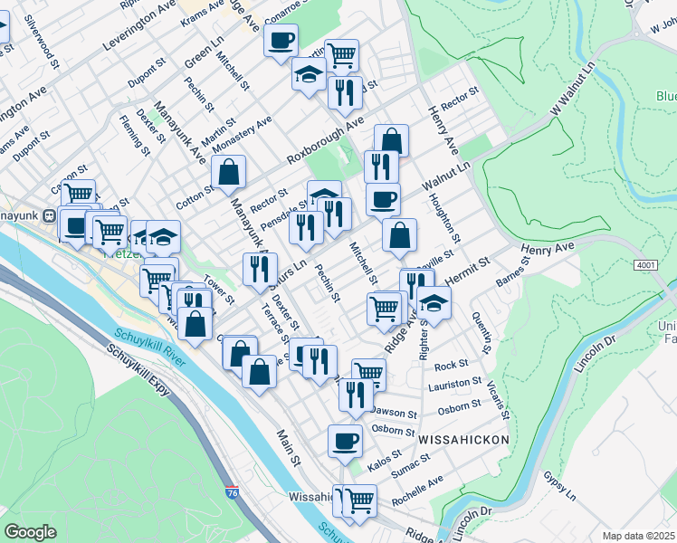 map of restaurants, bars, coffee shops, grocery stores, and more near 422 Naomi Street in Philadelphia