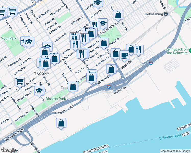 map of restaurants, bars, coffee shops, grocery stores, and more near 4957 Princeton Avenue in Philadelphia