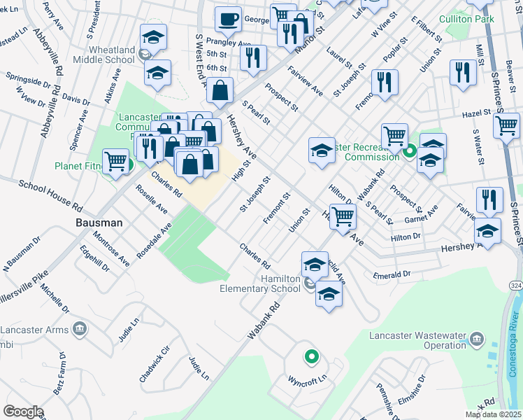 map of restaurants, bars, coffee shops, grocery stores, and more near 224 Euclid Avenue in Lancaster