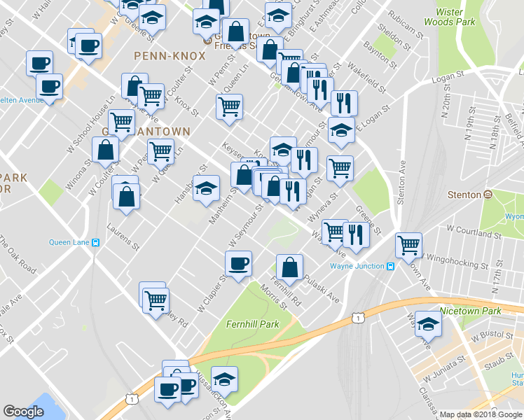 map of restaurants, bars, coffee shops, grocery stores, and more near 220 West Seymour Street in Philadelphia