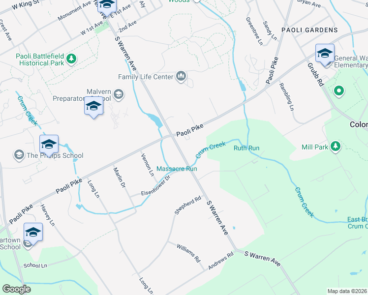 map of restaurants, bars, coffee shops, grocery stores, and more near 609 South Warren Avenue in Malvern