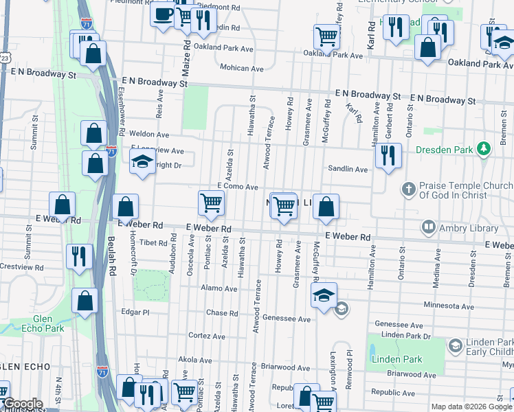map of restaurants, bars, coffee shops, grocery stores, and more near 2892 Atwood Terrace in Columbus