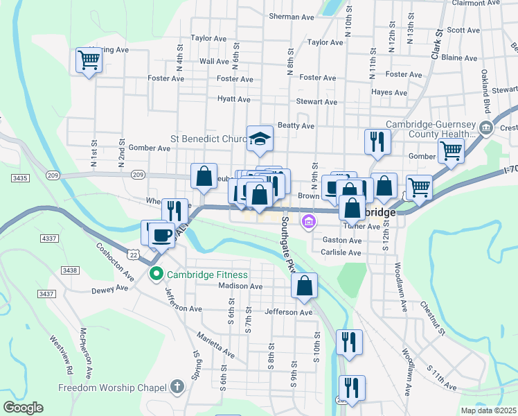 map of restaurants, bars, coffee shops, grocery stores, and more near 701 Wheeling Avenue in Cambridge