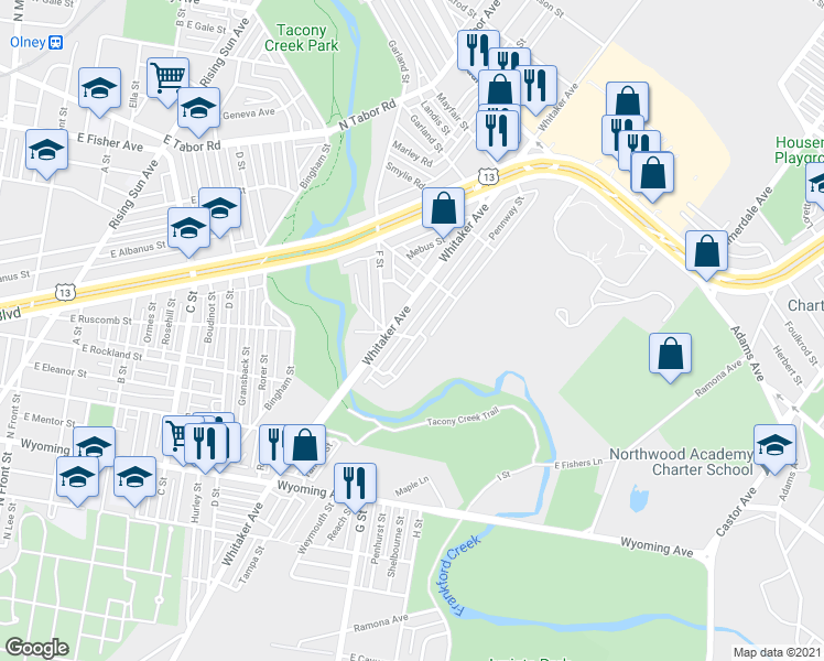 map of restaurants, bars, coffee shops, grocery stores, and more near 5010 Pennway Street in Philadelphia