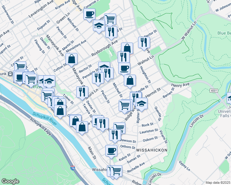 map of restaurants, bars, coffee shops, grocery stores, and more near 443 Naomi Street in Philadelphia
