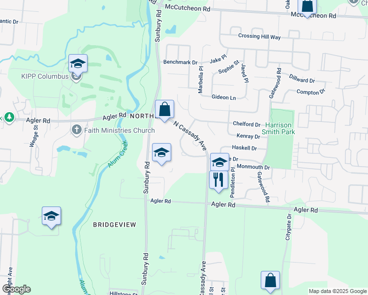 map of restaurants, bars, coffee shops, grocery stores, and more near 2626 Kenbridge Drive in Columbus