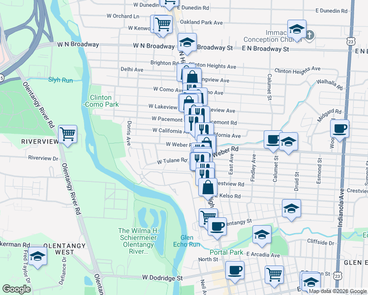 map of restaurants, bars, coffee shops, grocery stores, and more near 76 West Tulane Road in Columbus