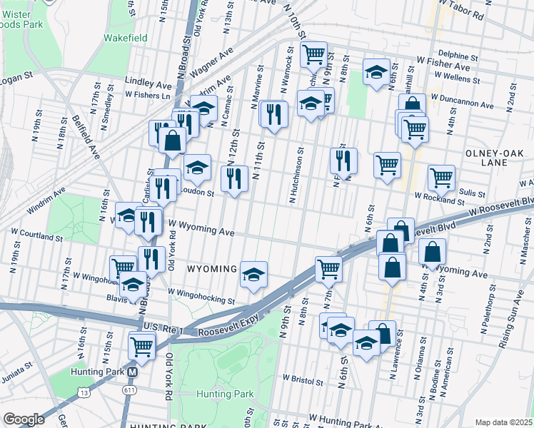 map of restaurants, bars, coffee shops, grocery stores, and more near 4747 North Warnock Street in Philadelphia