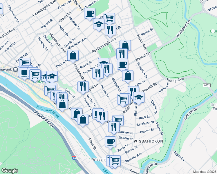 map of restaurants, bars, coffee shops, grocery stores, and more near 424 Naomi Street in Philadelphia
