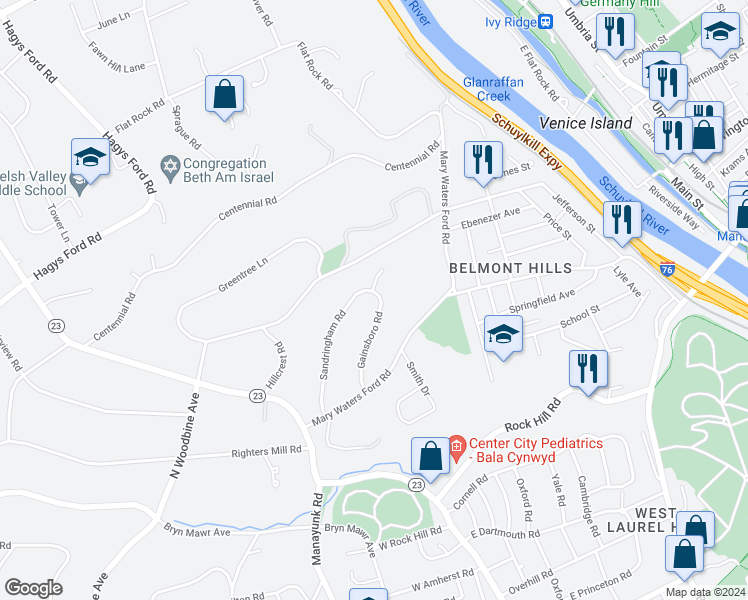 map of restaurants, bars, coffee shops, grocery stores, and more near 1210 Gainsboro Road in Bala Cynwyd