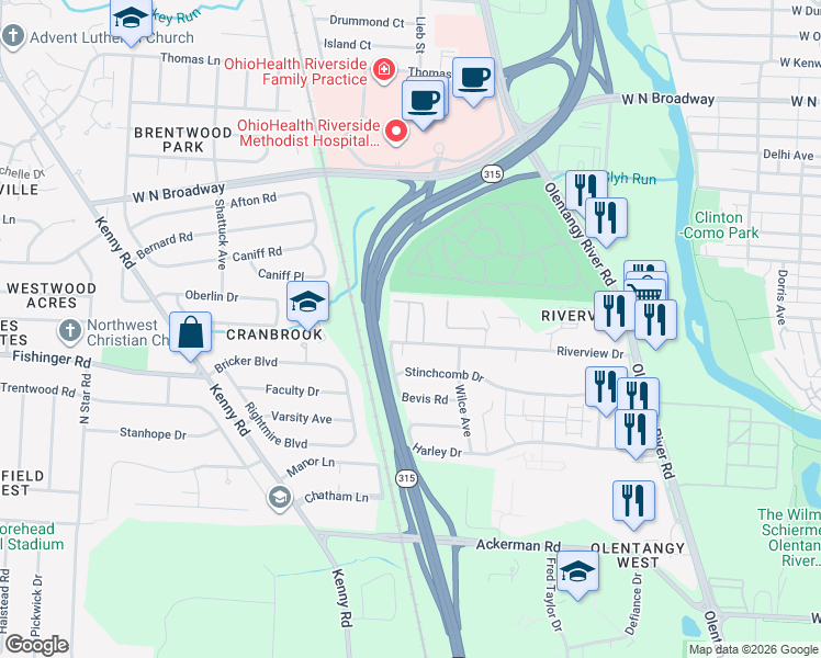 map of restaurants, bars, coffee shops, grocery stores, and more near 820 Riverview Drive in Columbus