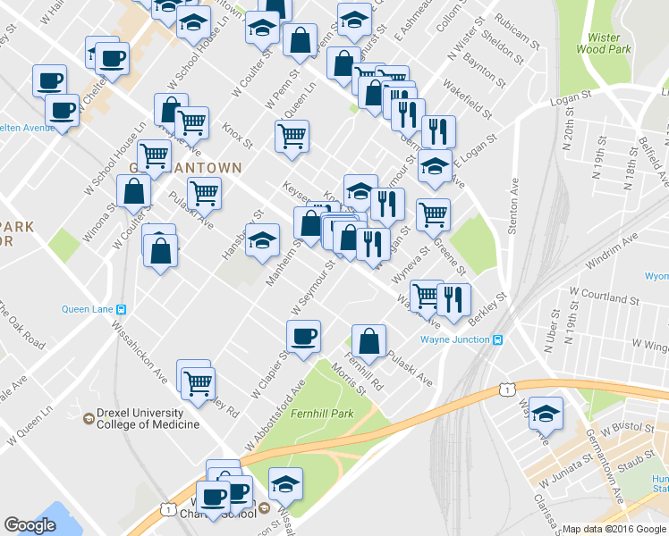map of restaurants, bars, coffee shops, grocery stores, and more near 218 West Seymour Street in Philadelphia
