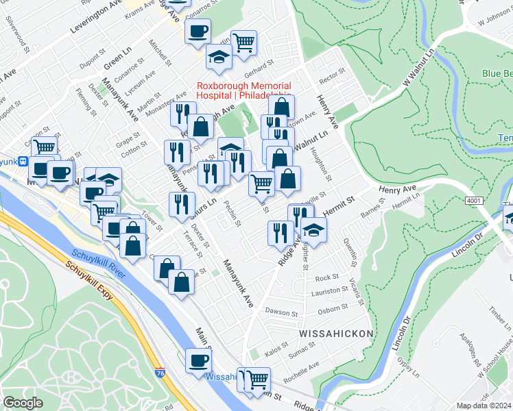 map of restaurants, bars, coffee shops, grocery stores, and more near 445 Naomi Street in Philadelphia