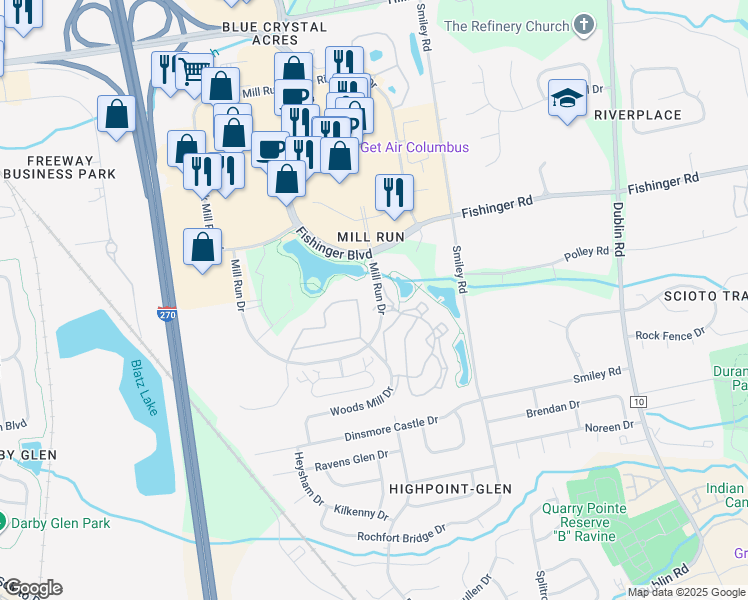 map of restaurants, bars, coffee shops, grocery stores, and more near 3140 Mill Run Drive in Hilliard