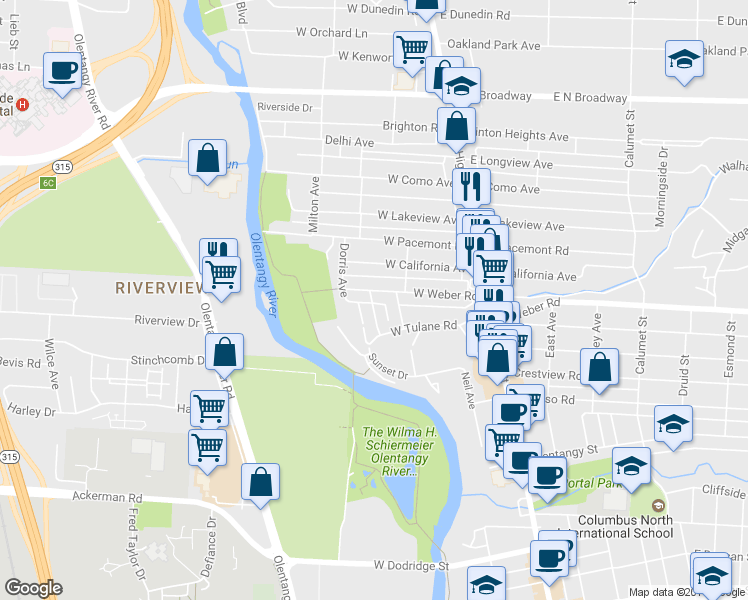 map of restaurants, bars, coffee shops, grocery stores, and more near 3090 Sunset Drive in Columbus