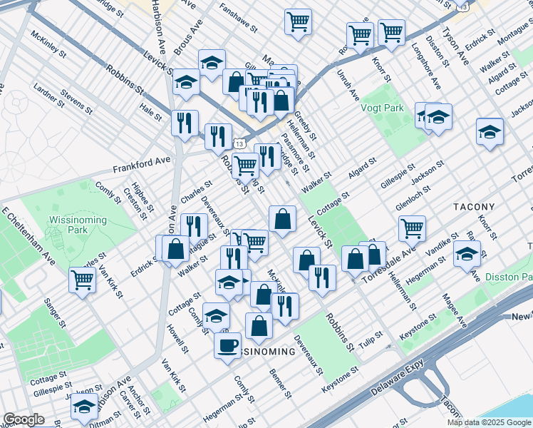map of restaurants, bars, coffee shops, grocery stores, and more near 4241 Robbins Street in Philadelphia